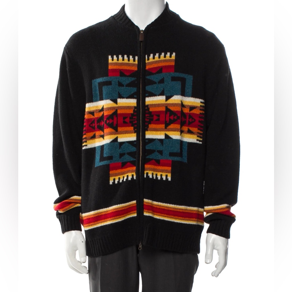 Pendleton Navajo Print Wool Zip Front Cardigan Sweater In Black Size M